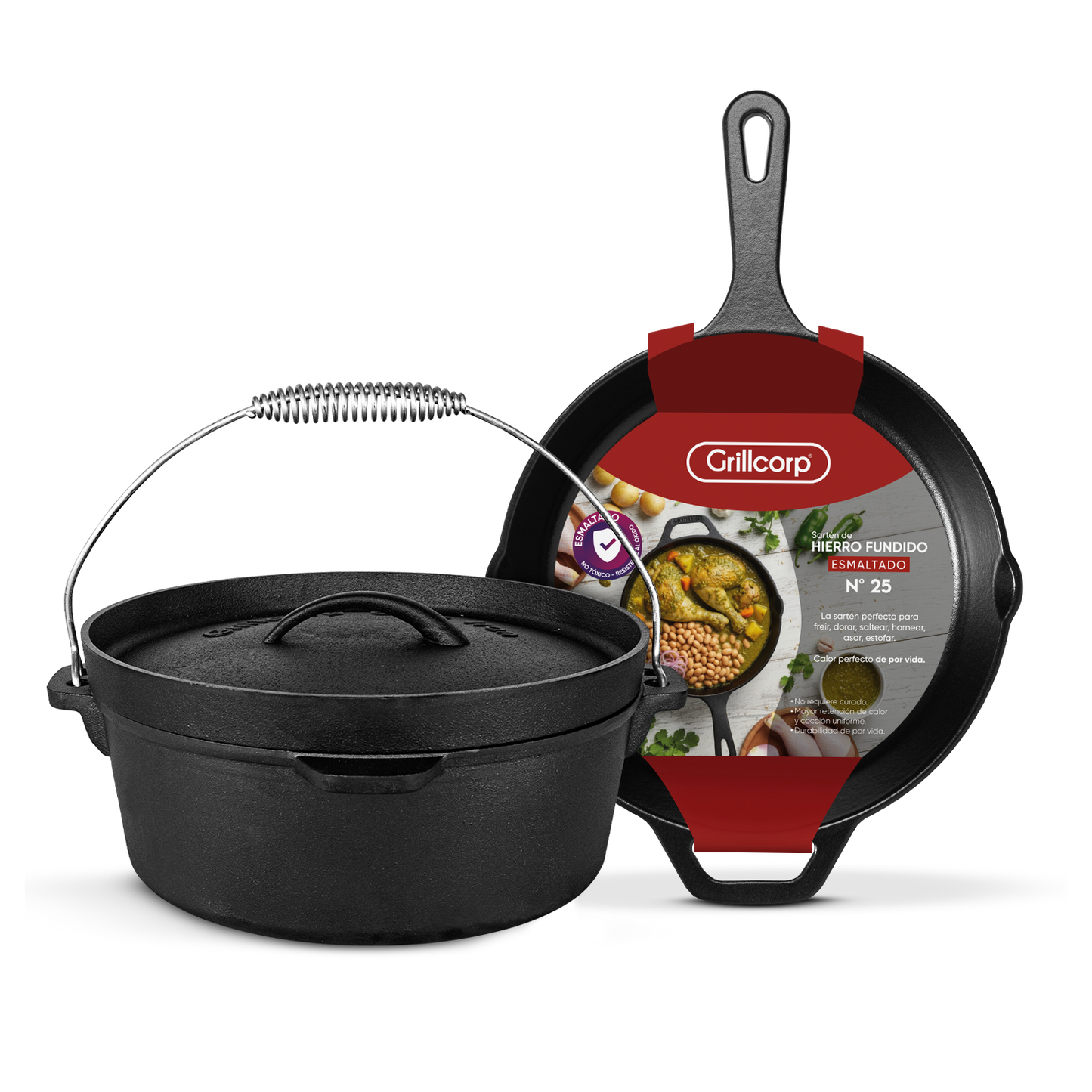 Olla de 6 QT de Hierro Fundido Grillcorp + Sartén N°25 de Hierro Fundido Esmaltado Grillcorp