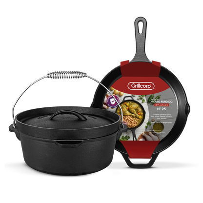 Olla de 6 QT de Hierro Fundido Grillcorp + Sartén N°25 de Hierro Fundido Esmaltado Grillcorp