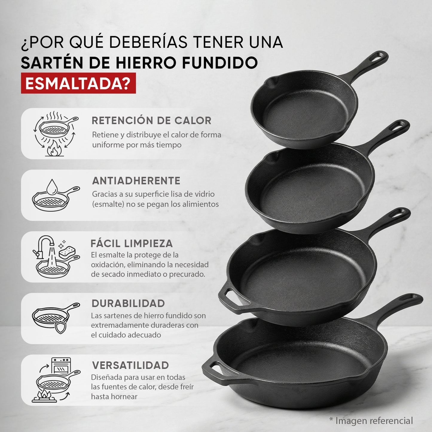 Juego de Sartén de N°20 y N°30 de Hierro Fundido Esmaltado + Tapa + Mango | Grillcorp