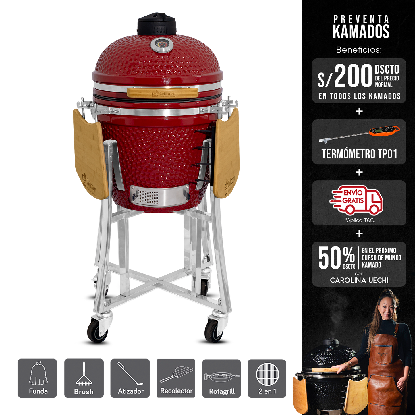 Kamado Clásico 18" + Divide and conquer 2 niveles + Rotagrill