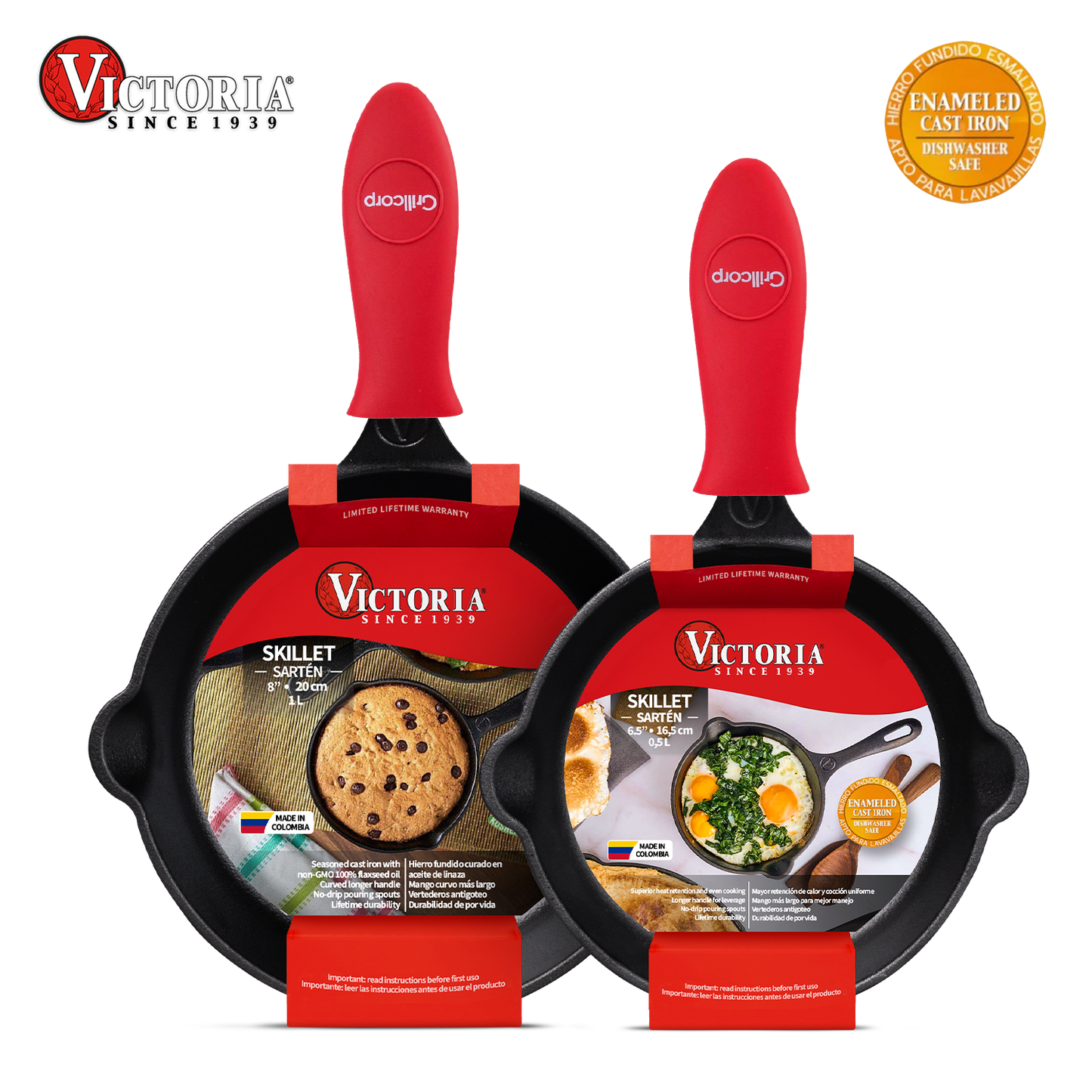Juego de Sartén de N°16 y N°20 de Hierro Fundido Esmaltado con mangos de goma - Victoria