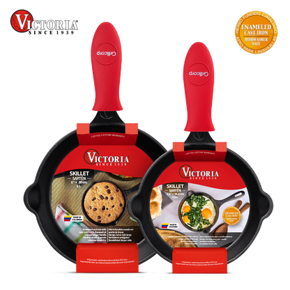 Juego de Sartén de N°16 y N°20 de Hierro Fundido Esmaltado con mangos de goma - Victoria