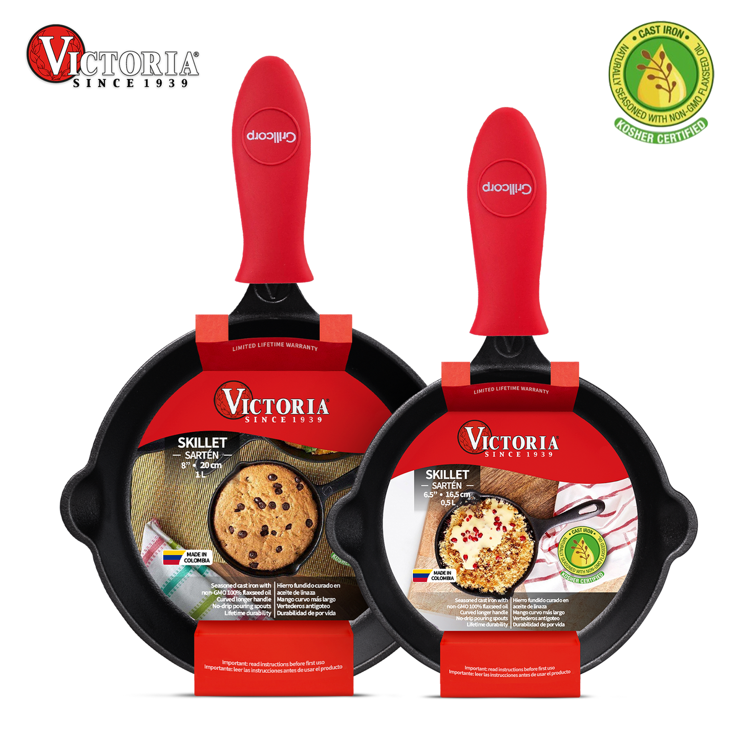 Juego de Sartén de N°16 y N°20 de Hierro Fundido Precurado con mangos de goma - Victoria