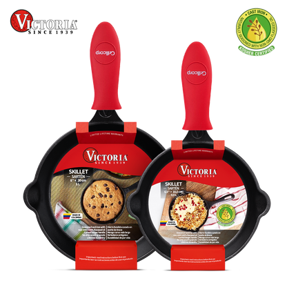 Juego de Sartén de N°16 y N°20 de Hierro Fundido Precurado con mangos de goma - Victoria