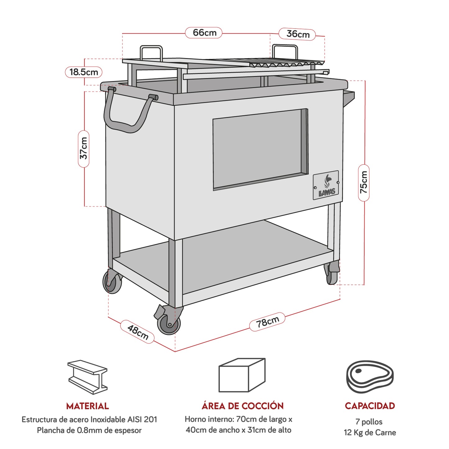 Caja China Grande (80cm x 50cm) de Acero Inoxidable 2 en 1 - Llamas