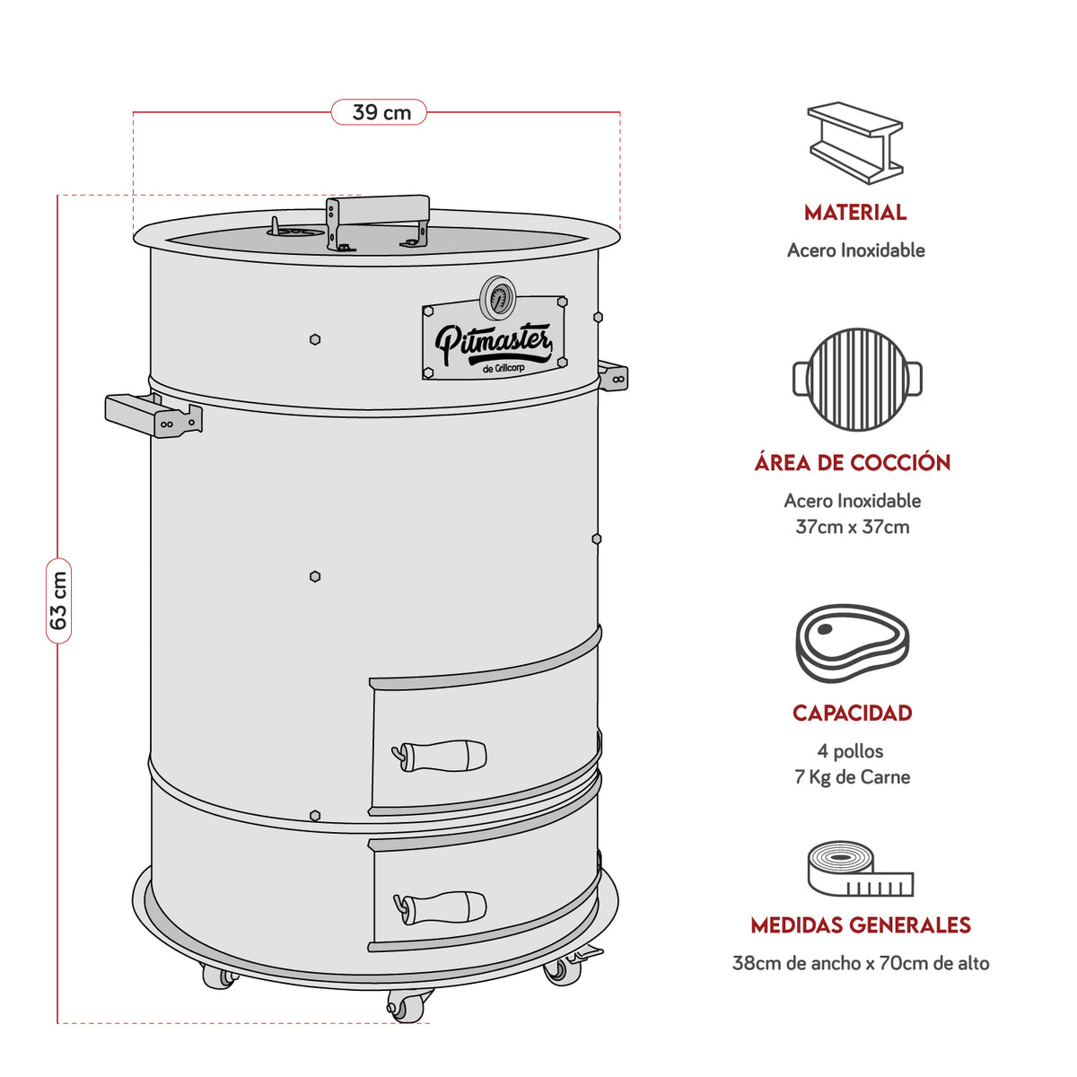 Cilindro Ahumador Chico de Acero Inoxidable AISI 304 (38cm x 70cm) | Grillcorp