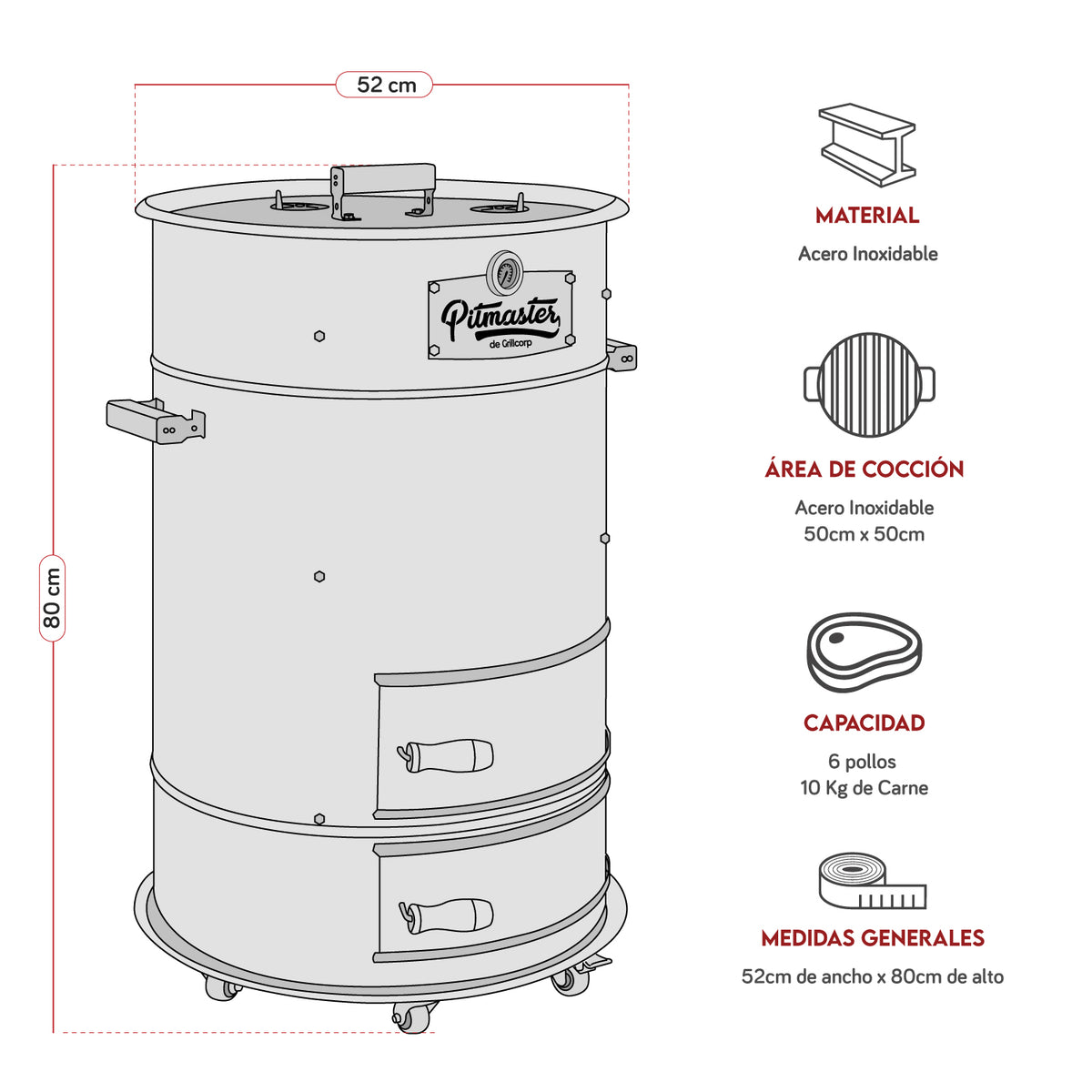 Cilindro Ahumador Mediano de Acero Inoxidable AISI 304 (46cm x 80cm) | Grillcorp