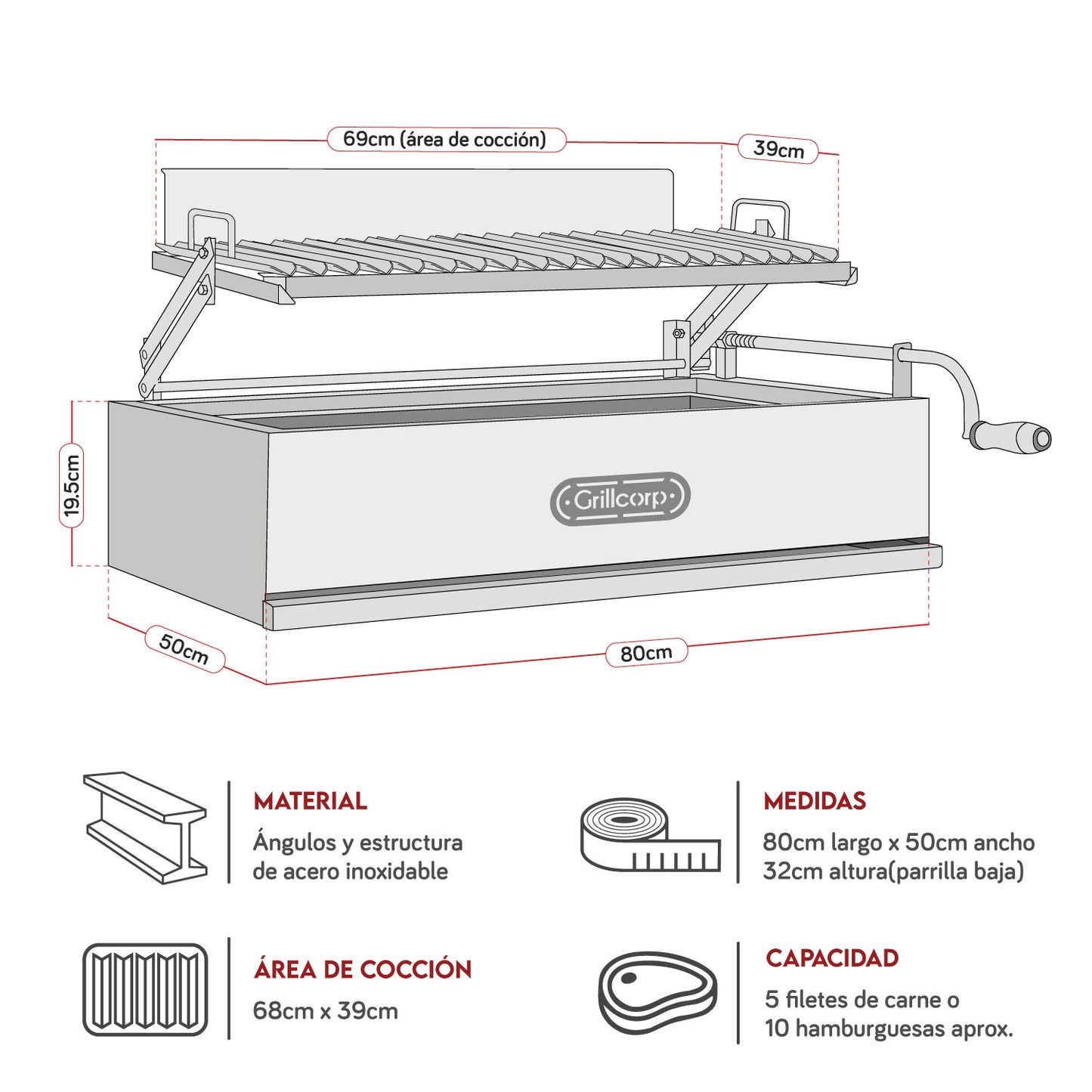 Parrilla Argentina Grande Empotrable Inoxidable 80cm x 50cm | Grillcorp