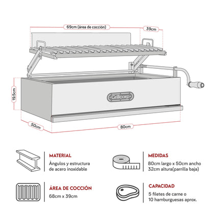 Parrilla Argentina Grande Empotrable Inoxidable 80cm x 50cm | Grillcorp