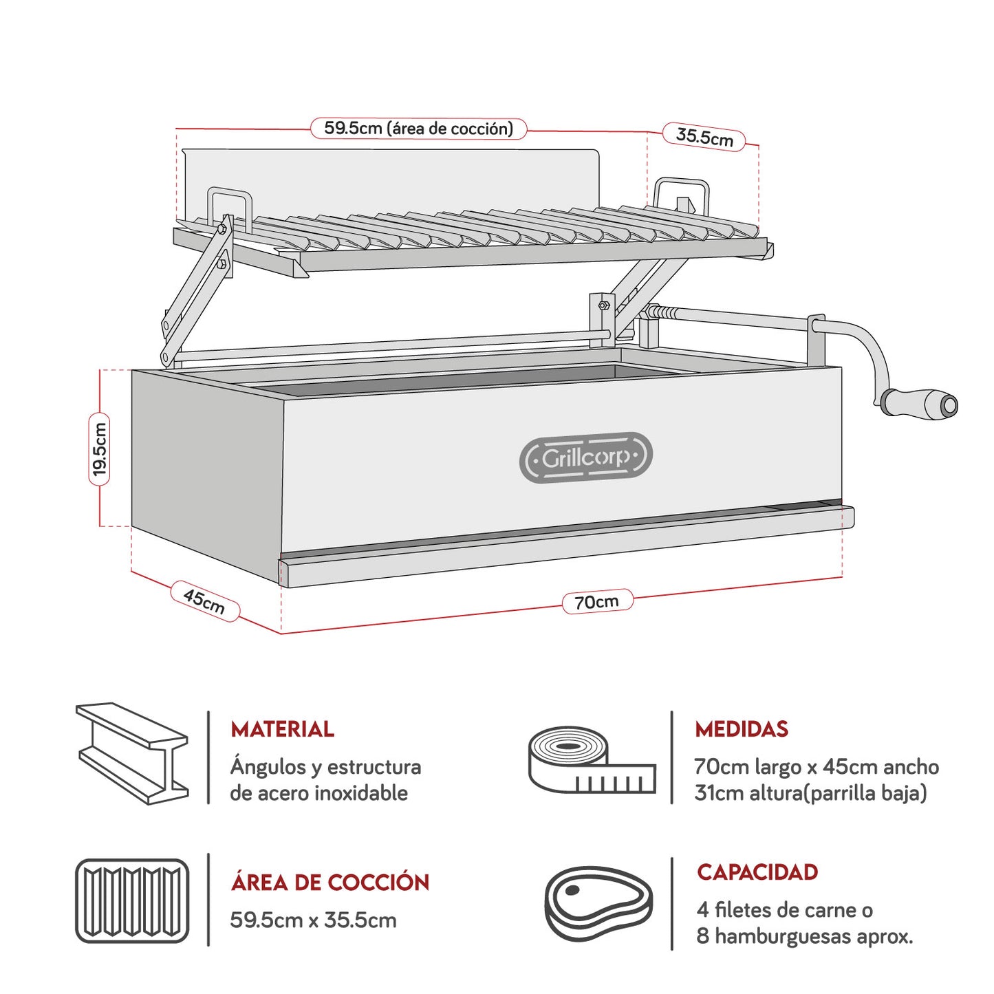 Parrilla Argentina Mediana Empotrable Inoxidable 70cm x 45cm | Grillcorp