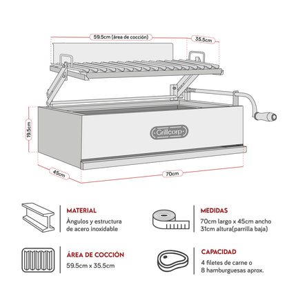 Parrilla Argentina Mediana Empotrable Inoxidable 70cm x 45cm | Grillcorp