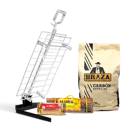 Combo Estaca  Inoxidable  60 x 40 cm + Pack carbón y leña