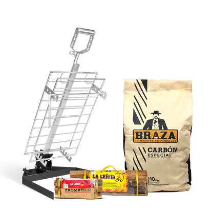 Combo Estaca Inoxidable de 45 x 30 cm + Pack carbón y leña