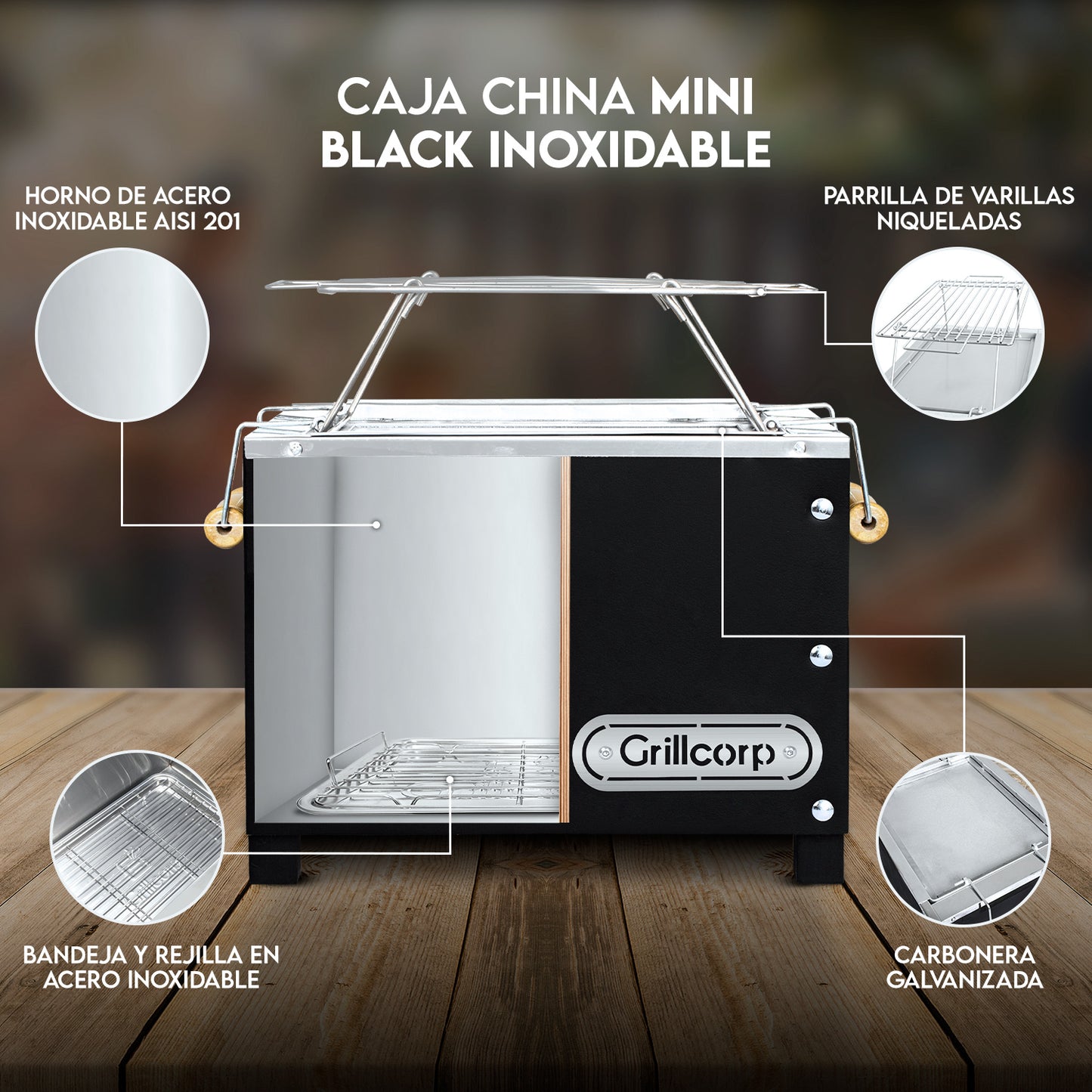Caja China Mini Black Inoxidable con Parrilla de varillas | Grillcorp