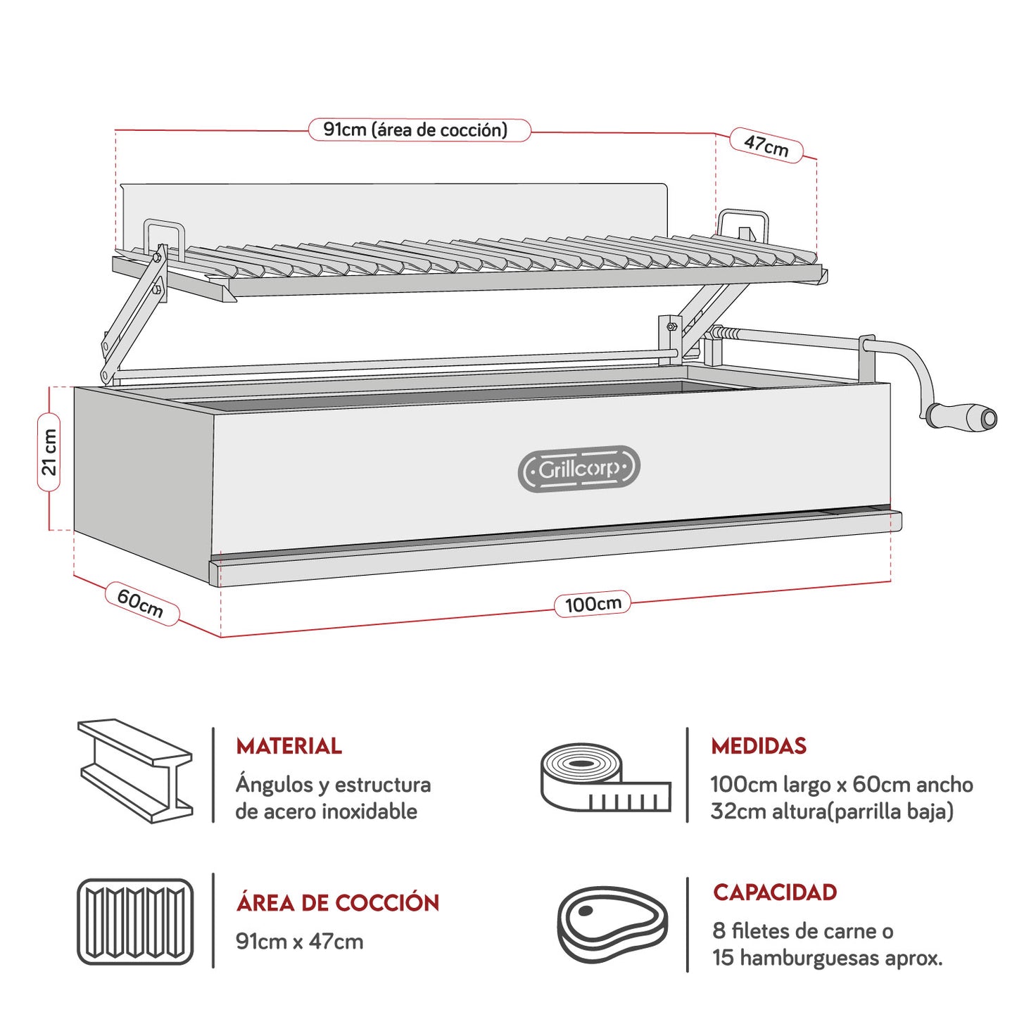 Parrilla Argentina Extra Grande Empotrable Inoxidable 100cm x 60cm | Grillcorp
