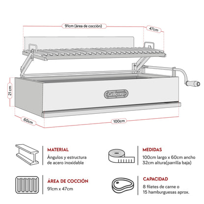 Parrilla Argentina Extra Grande Empotrable Inoxidable 100cm x 60cm | Grillcorp