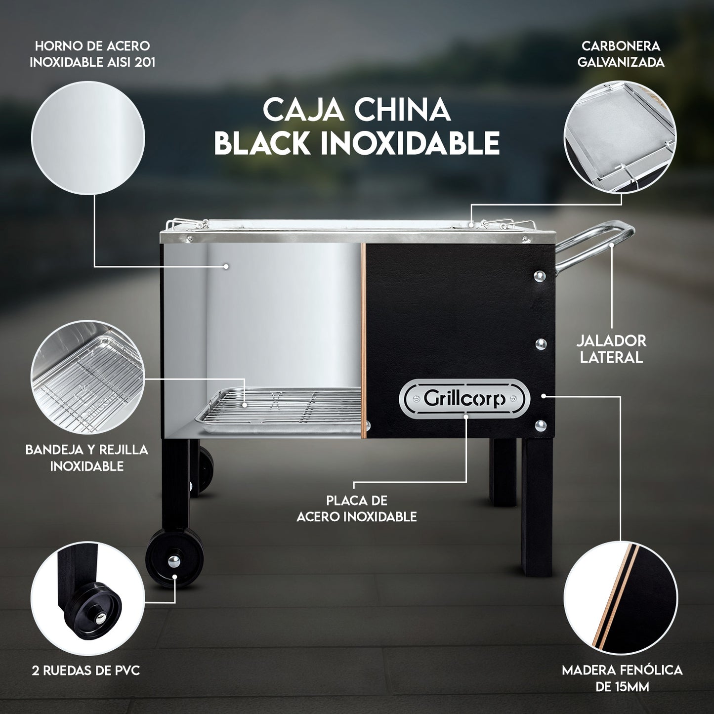 Caja China Chica Black Inoxidable con parrilla de levante inoxidable | Grillcorp