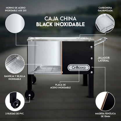 Caja China Chica Black Inoxidable con parrilla de levante inoxidable | Grillcorp