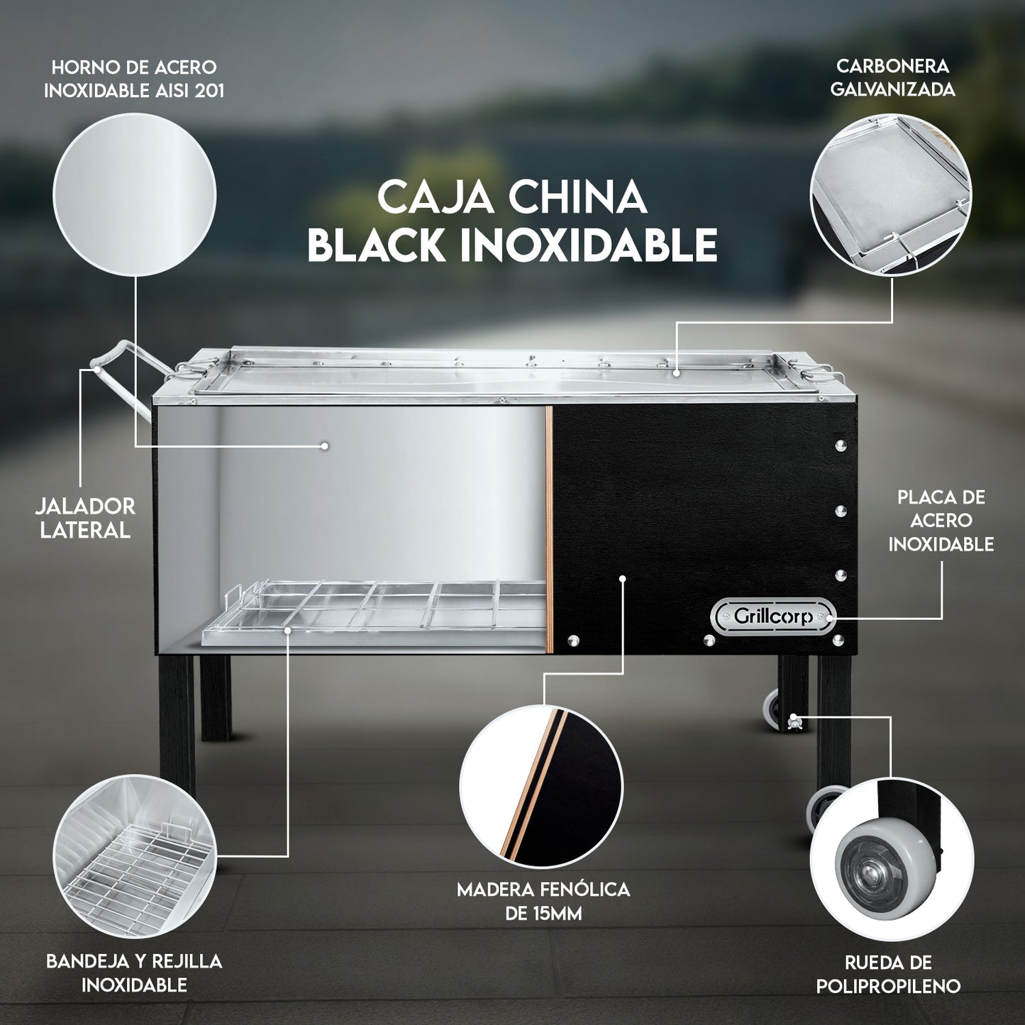 Caja china Grande Black inoxidable con Parrilla de Levante Mixta