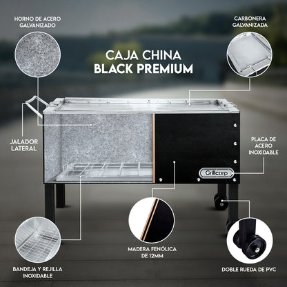 Caja china Grande Black Premium con Parrilla de Platinas Niqueladas | Grillcorp