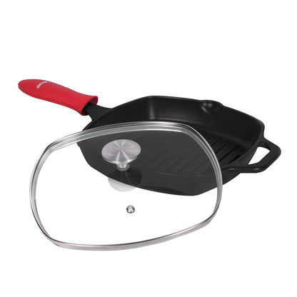 Sartén N° 25 Cuadrado de Hierro Fundido con Tapa de Vidrio y Mango de goma