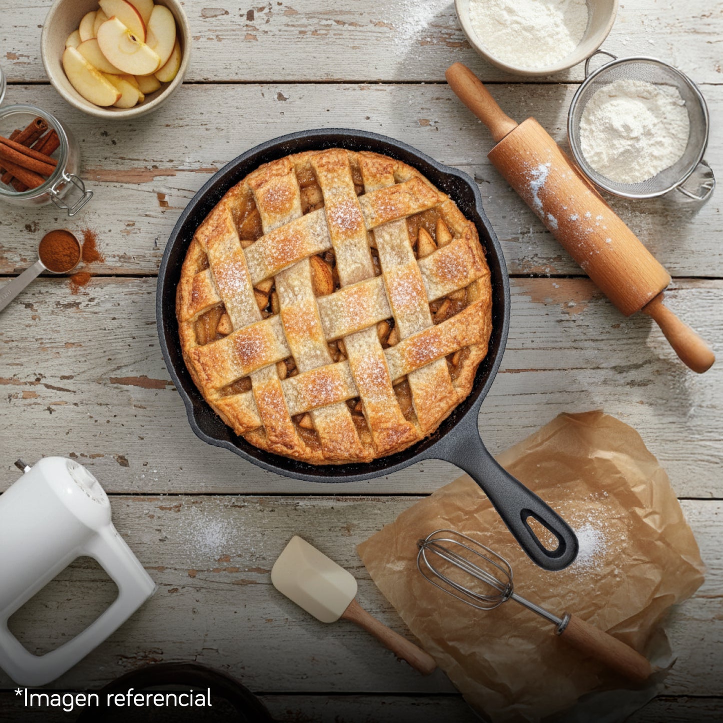 Sartén N° 20 de Hierro Fundido Esmaltado con Tapa de Vidrio y Mango de goma | Grillcorp