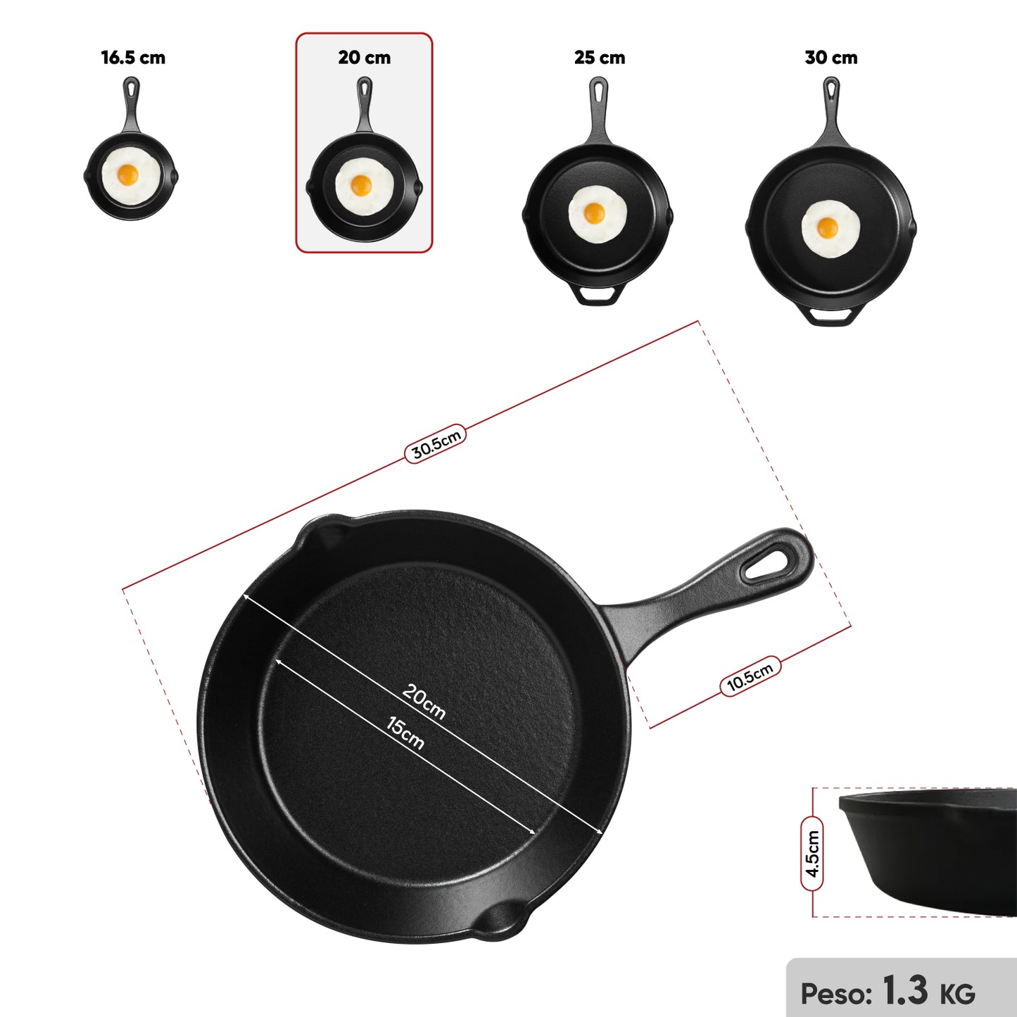 Sartén N° 20 de Hierro Fundido Esmaltado con Tapa de Vidrio y Mango de goma | Grillcorp