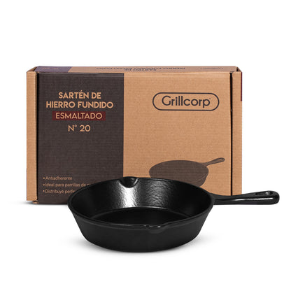 Sartén N° 20 de Hierro Fundido Esmaltado con Tapa de Vidrio y Mango de goma | Grillcorp