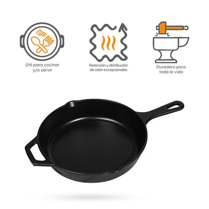 Sartén N° 25 de Hierro Fundido Esmaltado con Tapa de Vidrio y Mango de goma | Grillcorp