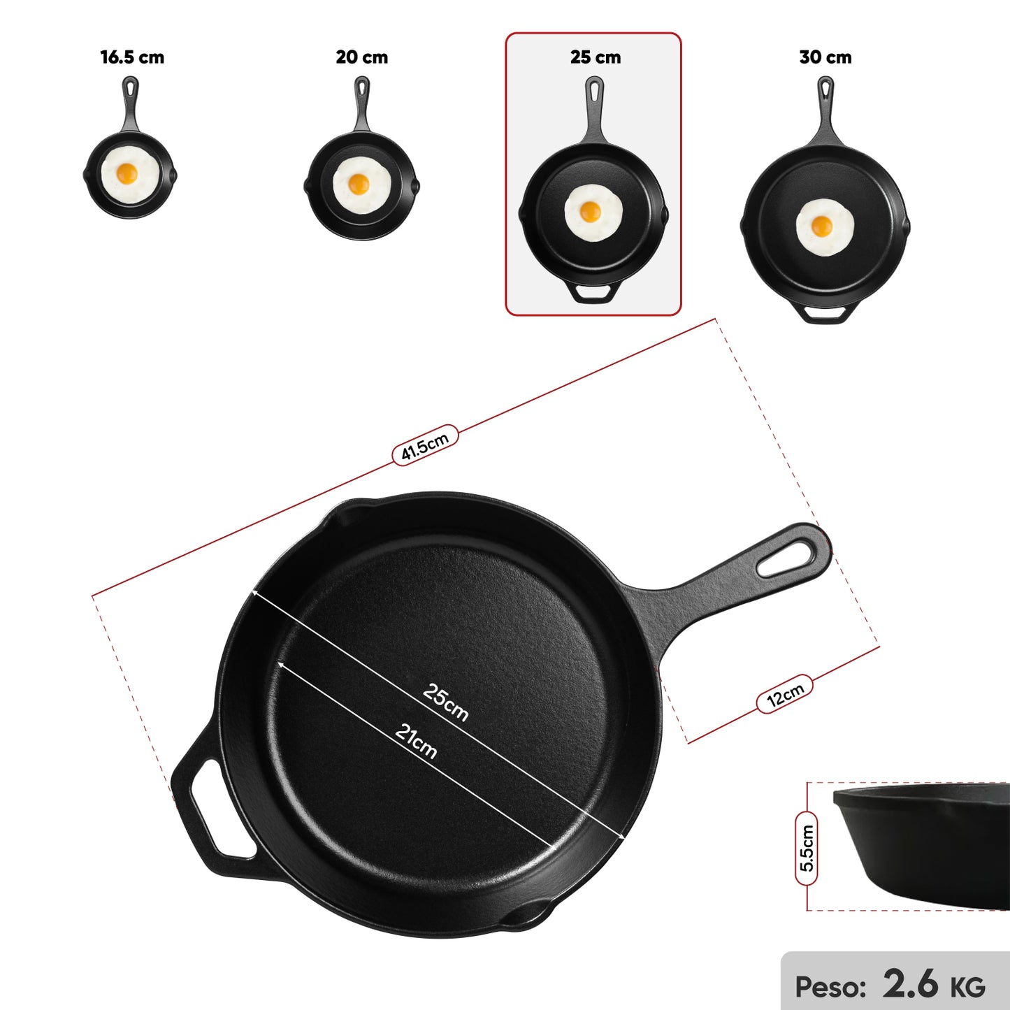 Sartén N° 25 de Hierro Fundido Esmaltado con Tapa de Vidrio y Mango de goma | Grillcorp