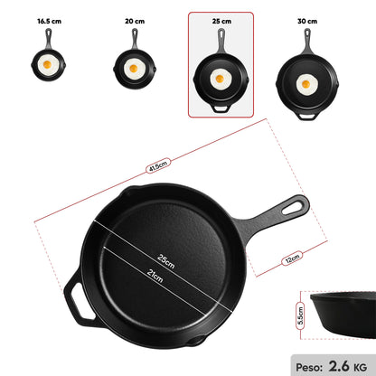 Sartén N° 25 de Hierro Fundido Esmaltado con Tapa de Vidrio y Mango de goma | Grillcorp