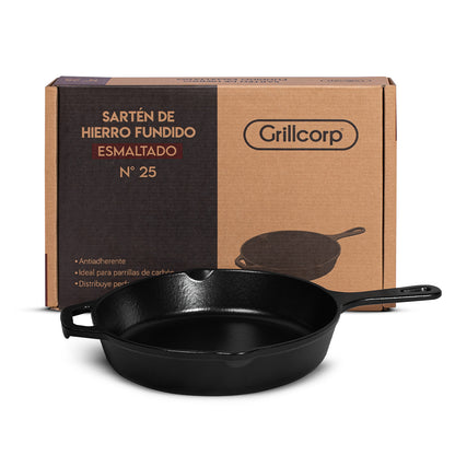 Sartén N° 25 de Hierro Fundido Esmaltado con Tapa de Vidrio y Mango de goma | Grillcorp