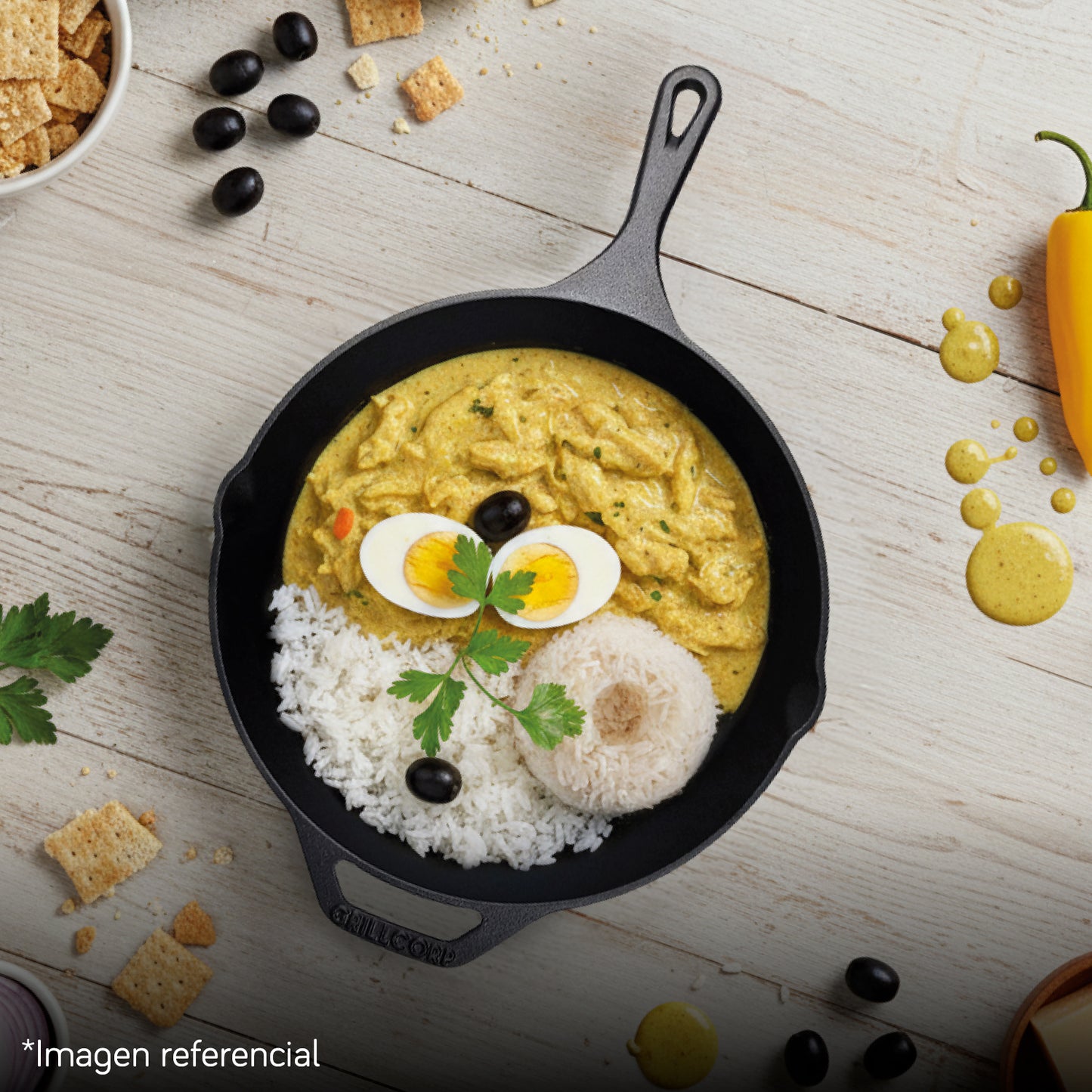 Sartén N° 30 de Hierro Fundido Esmaltado con Tapa de Vidrio y Mango de goma | Grillcorp