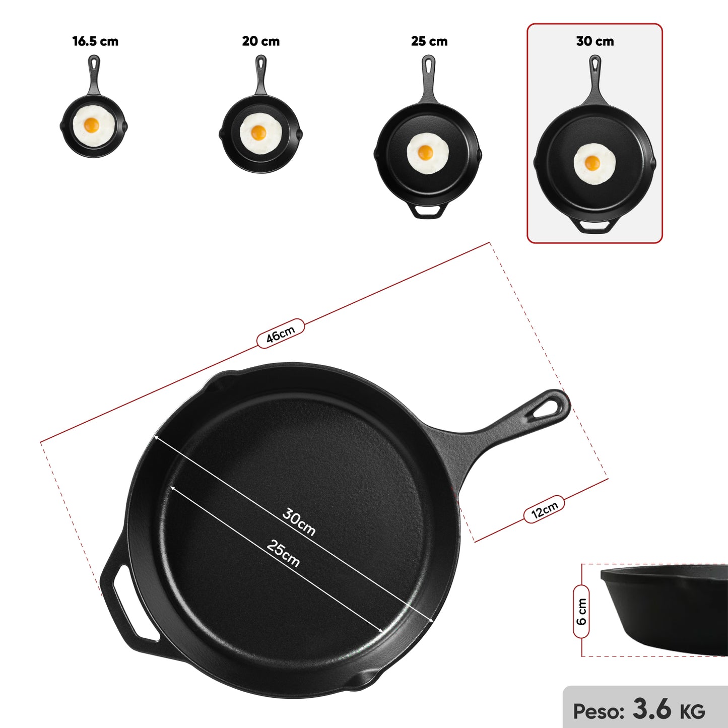 Sartén N° 30 de Hierro Fundido Esmaltado con Tapa de Vidrio y Mango de goma | Grillcorp