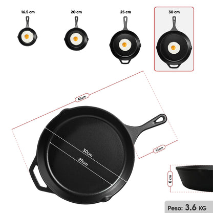Sartén N° 30 de Hierro Fundido Esmaltado con Tapa de Vidrio y Mango de goma | Grillcorp