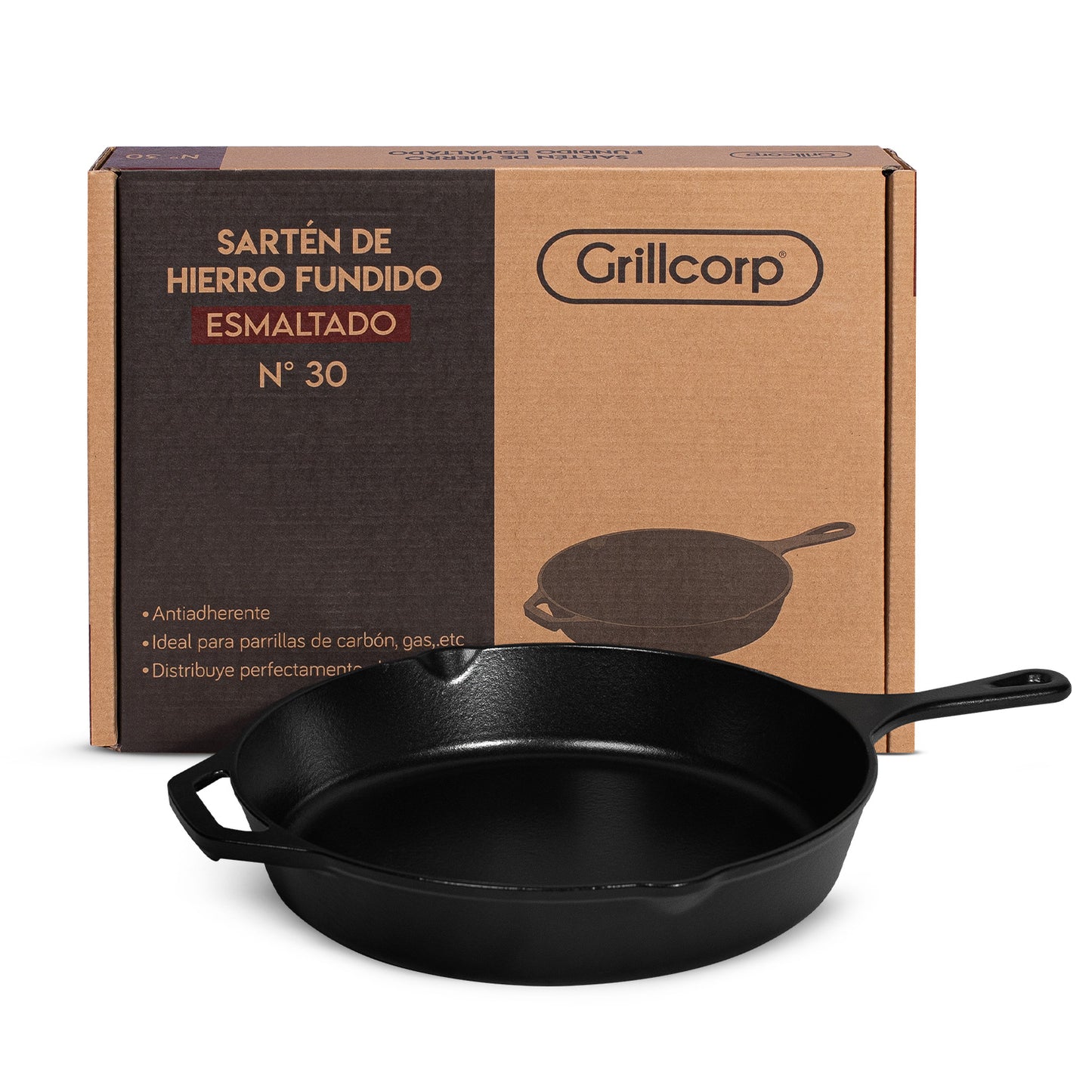 Sartén N° 30 de Hierro Fundido Esmaltado con Tapa de Vidrio y Mango de goma | Grillcorp