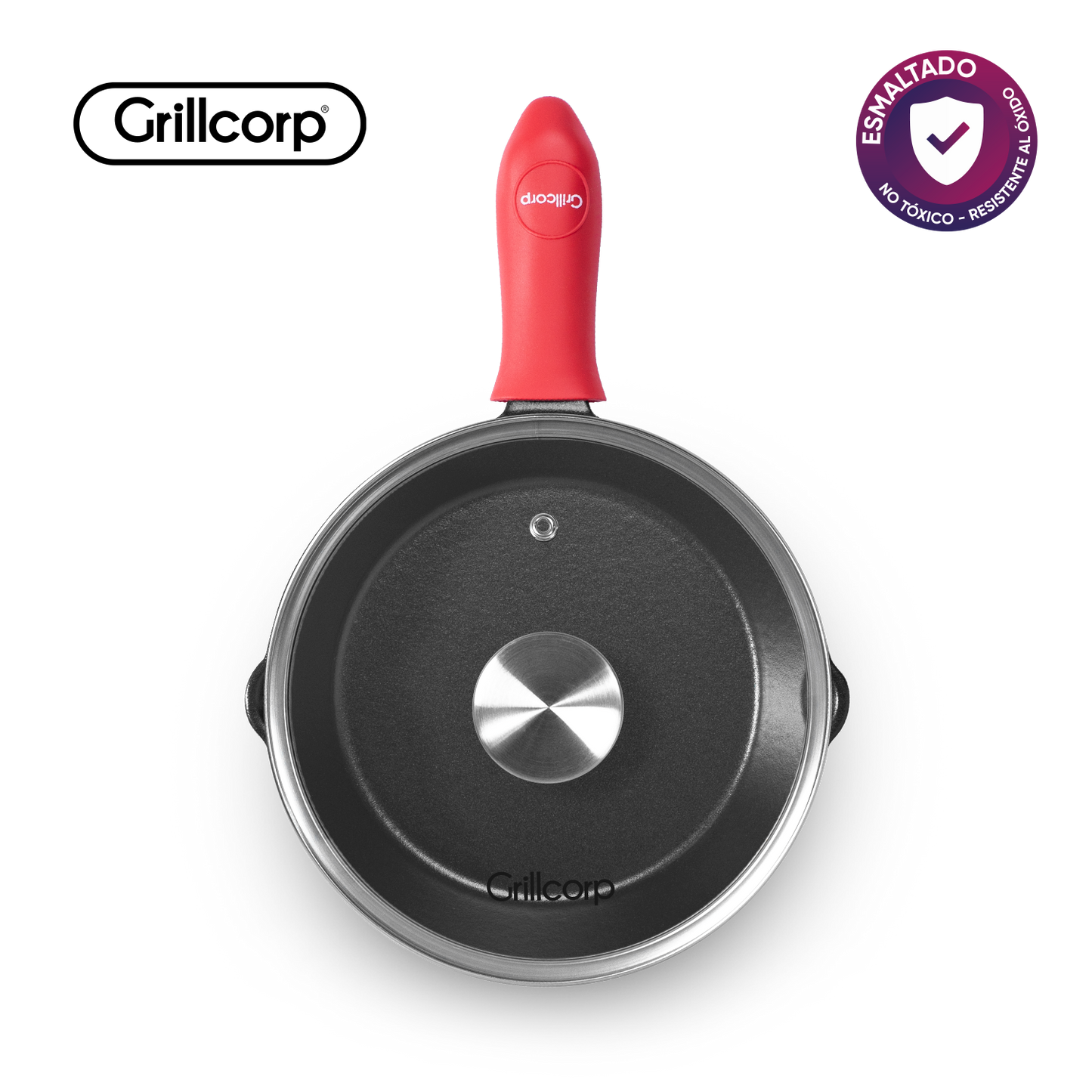 Sartén N° 20 de Hierro Fundido Esmaltado con Tapa de Vidrio y Mango de goma | Grillcorp