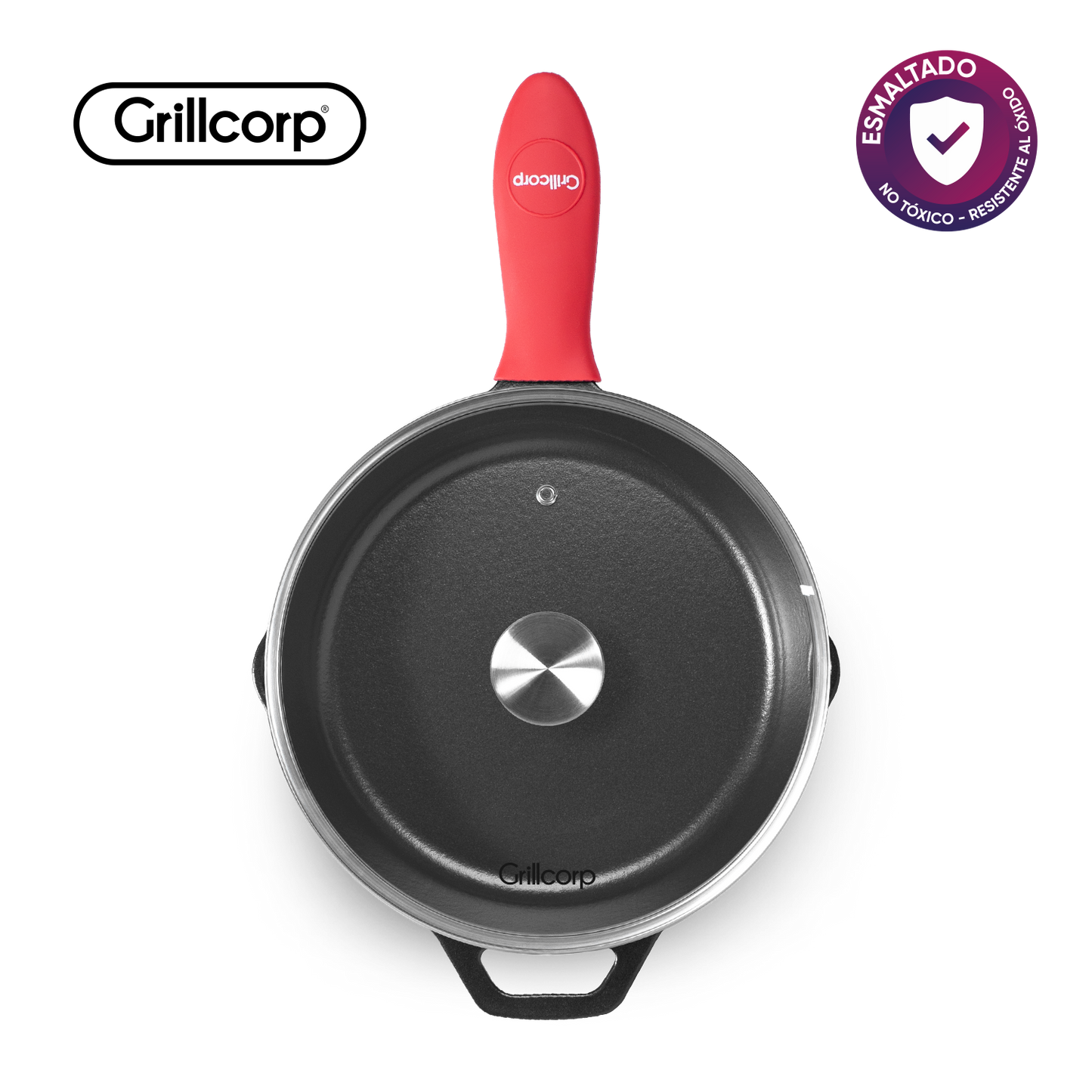 Sartén N° 25 de Hierro Fundido Esmaltado con Tapa de Vidrio y Mango de goma | Grillcorp