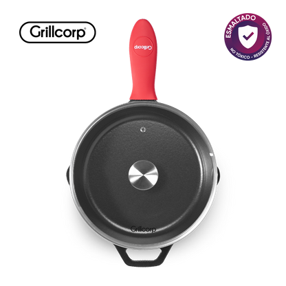 Sartén N° 25 de Hierro Fundido Esmaltado con Tapa de Vidrio y Mango de goma | Grillcorp