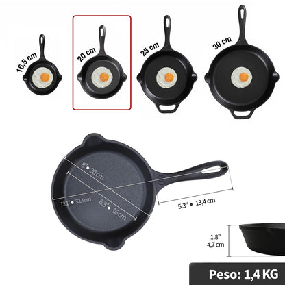 Sartén N° 20 de Hierro Fundido con Tapa de Vidrio y Mango de goma