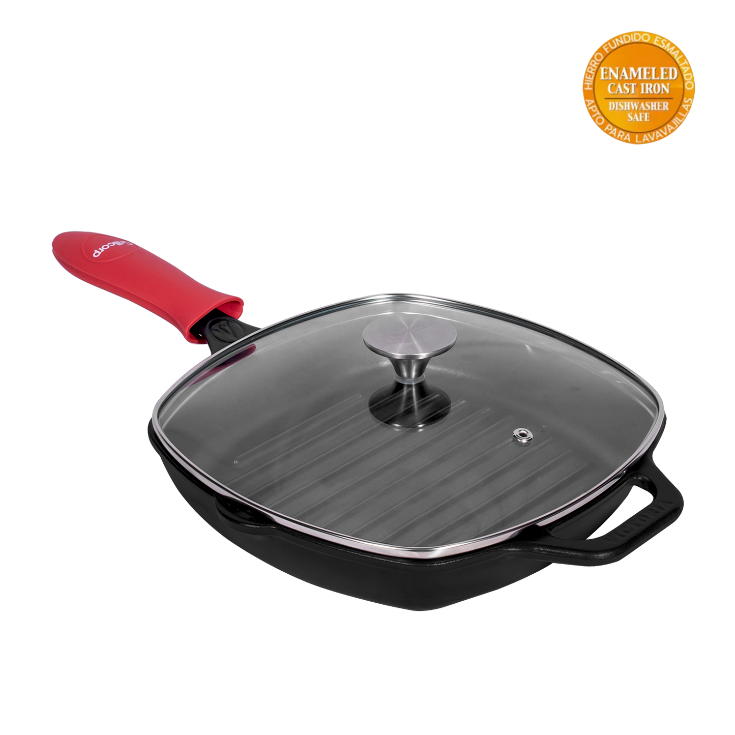 Sartén N° 25 Cuadrado de Hierro Fundido con Tapa de Vidrio y Mango de goma