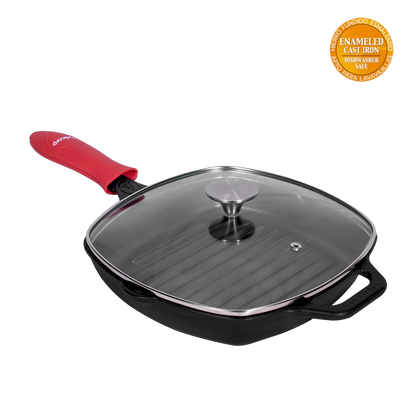 Sartén N° 25 Cuadrado de Hierro Fundido con Tapa de Vidrio y Mango de goma