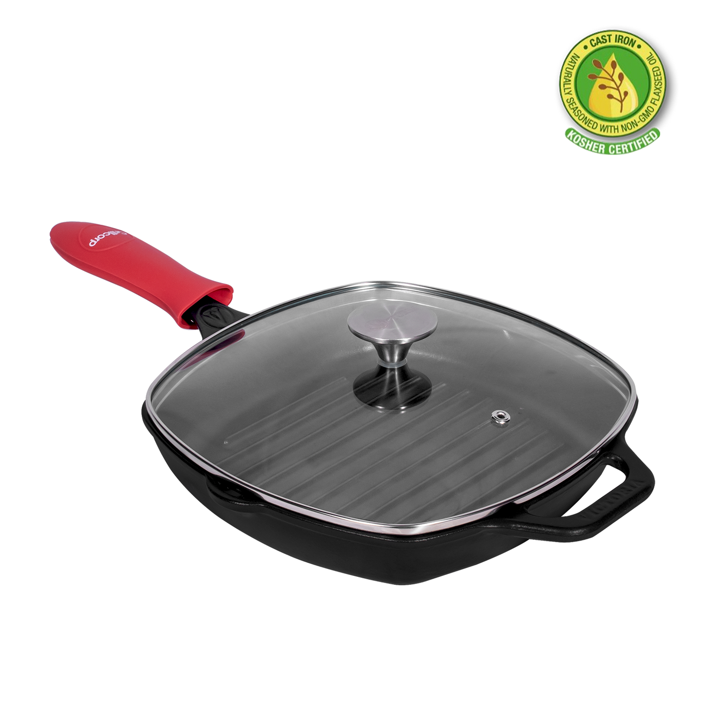 Sartén N° 25 Cuadrado de Hierro Fundido con Tapa de Vidrio y Mango de goma