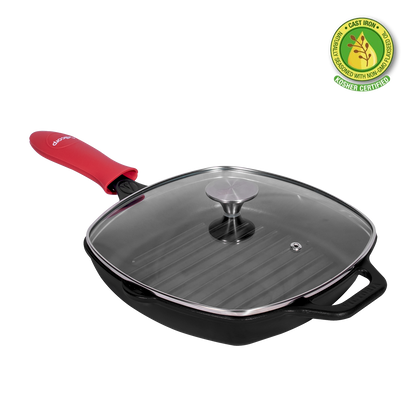 Sartén N° 25 Cuadrado de Hierro Fundido con Tapa de Vidrio y Mango de goma
