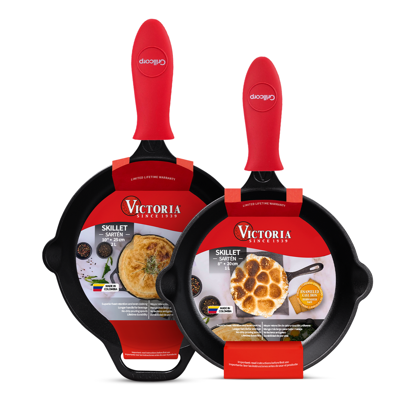 Juego de Sartén de N°20 y N°25 de Hierro Fundido Esmaltado con mangos de goma - Victoria