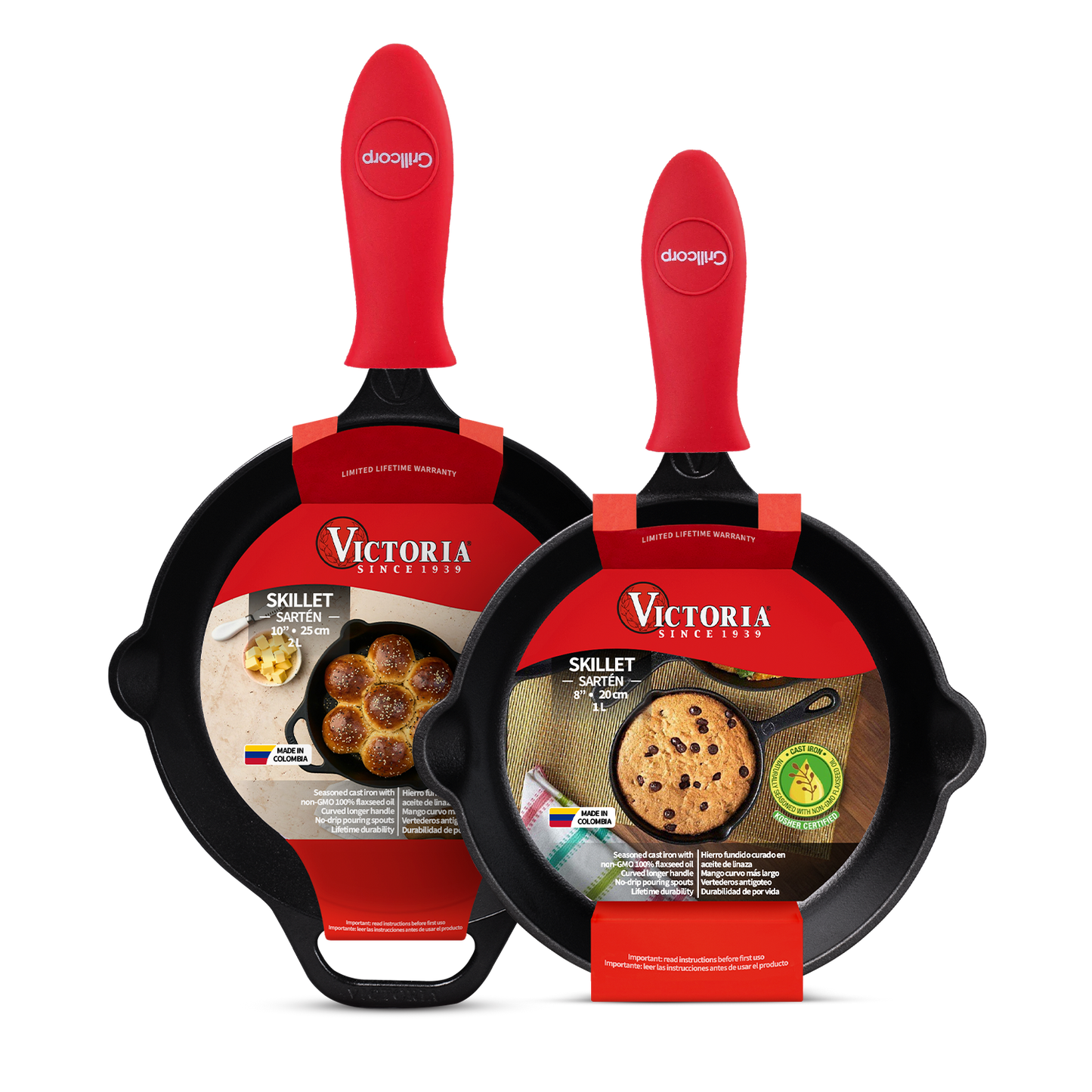 Juego de Sartén de N°20 y N°25 de Hierro Fundido Precurado con mangos de goma - Victoria