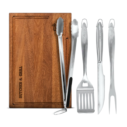 Pack de Set de Utensilios Inoxidables con Tabla Parrillera Chica