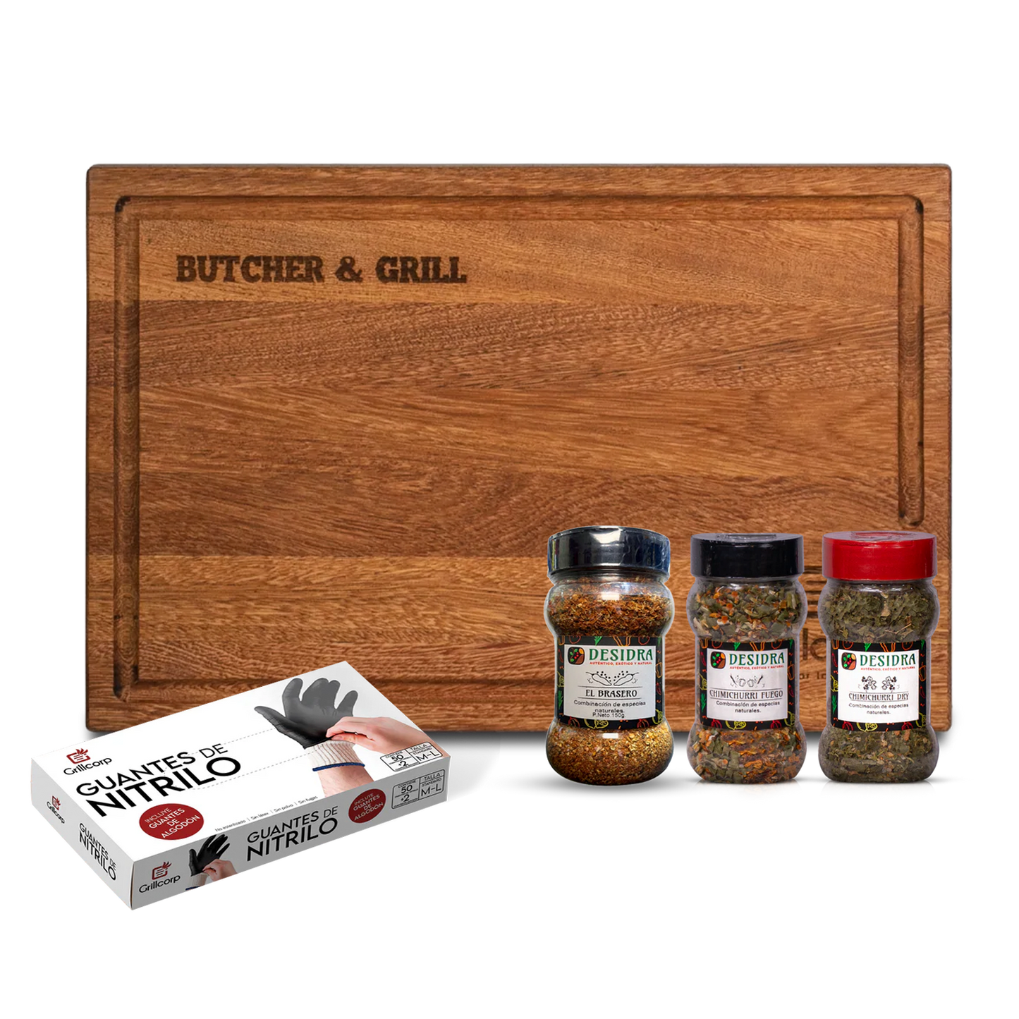 Tabla Parrillera Mediana + Guantes de Nitrilo + 3 Rubs Chicos