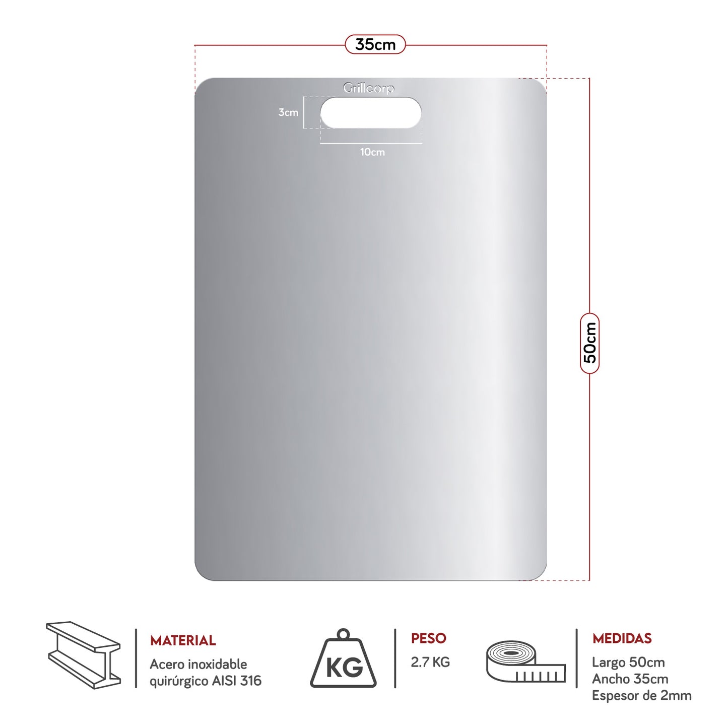 Tabla de Acero Inoxidable AISI 316 (50cm x 35cm) - Grado Quirúrgico | Grillcorp