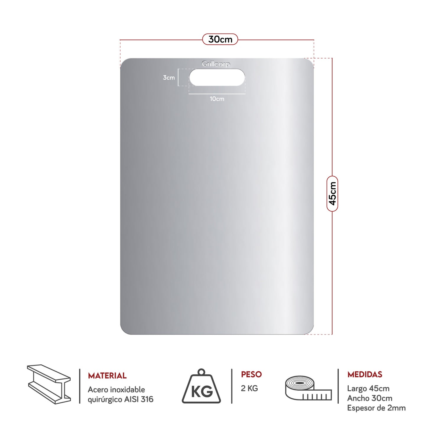 Tabla de Acero Inoxidable AISI 316 (45cm x 30cm) - Grado Quirúrgico | Grillcorp